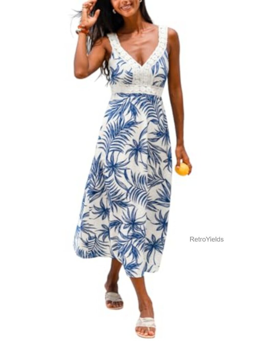 Summer V Neck Sleeveless Tropical Print Lace Trim Smocked Back A Line Maxi Dress